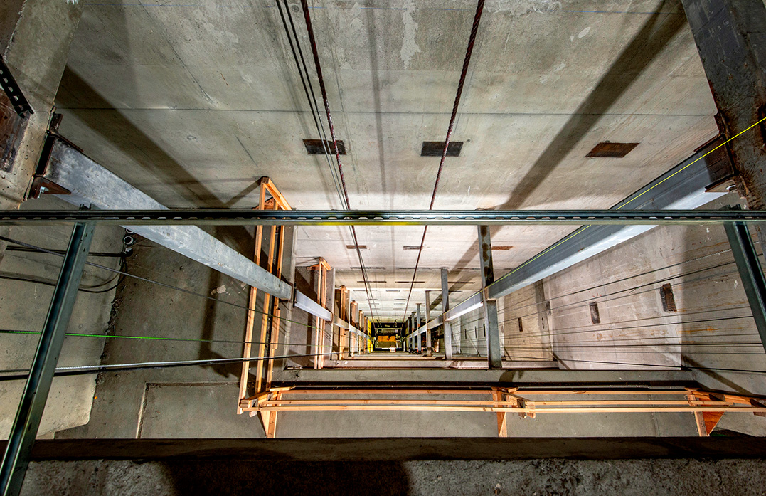 Elevator shaft, looking down 8 stories.