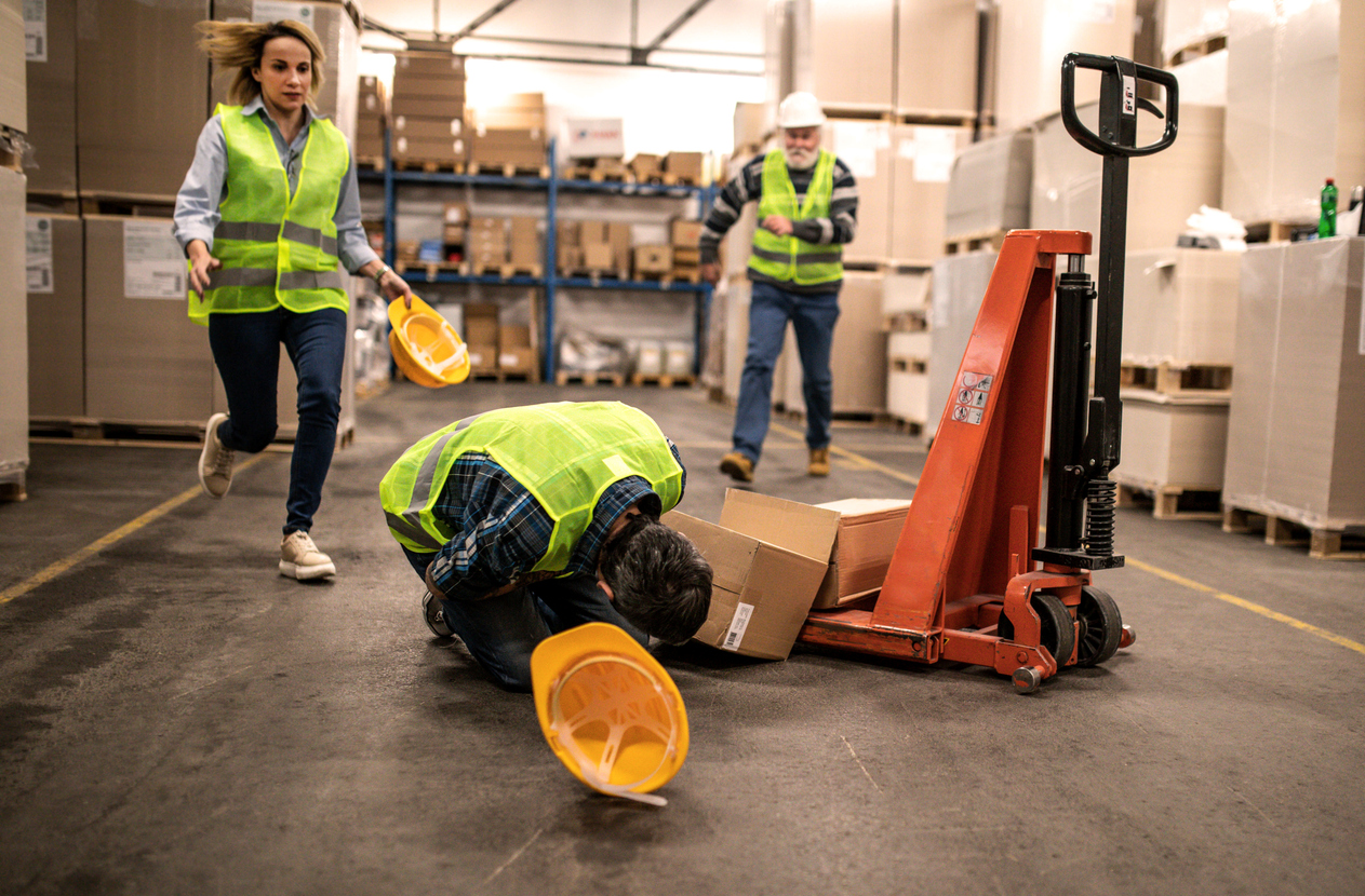 Warehouse worker fallen after an accident in a warehouse