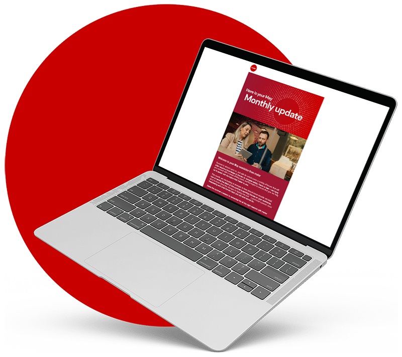A laptop shows the newsletter on screen