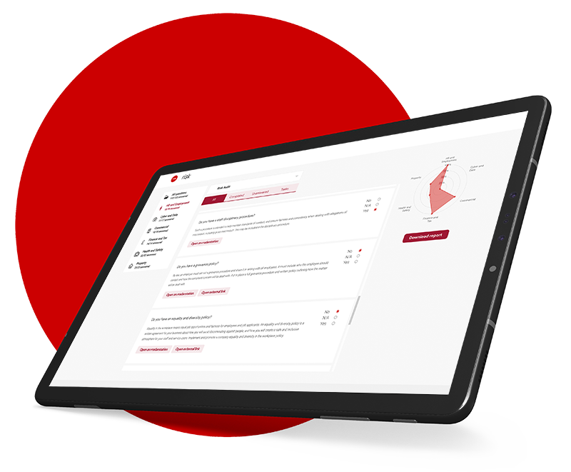A tablet screen shows the rradar risk tool in use