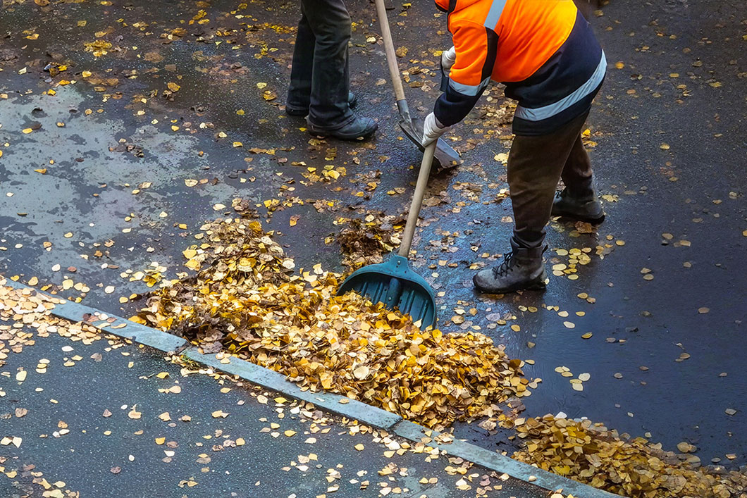 A person sweeps up leaves